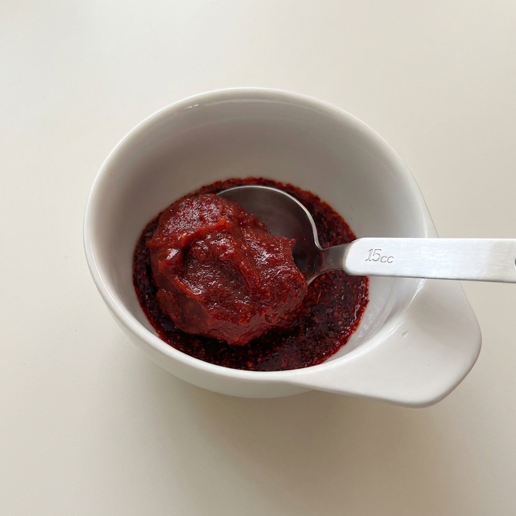 Un cucchiaio dosatore in metallo con una noce di pasta di peperoncino coreano rossa e densa, appoggiato in una ciotolina bianca.