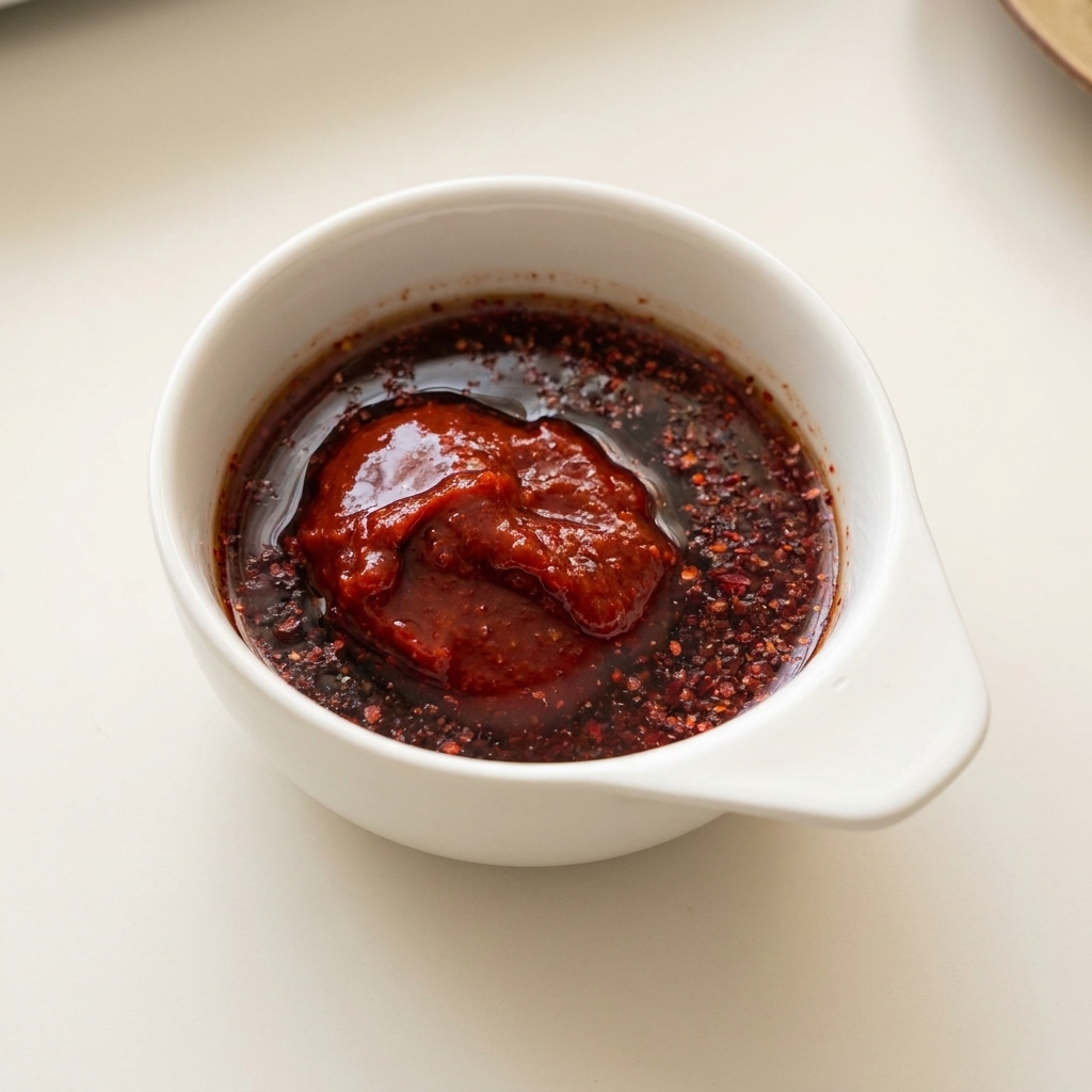 Una ciotolina bianca contenente pasta di peperoncino coreana, peperoncino in polvere e un liquido scuro.