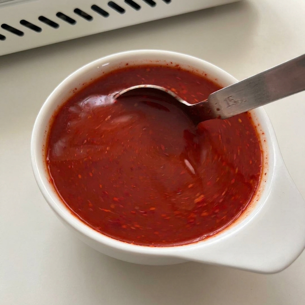 Una salsa rossa brillante mescolata con un cucchiaio di metallo in una ciotola bianca.