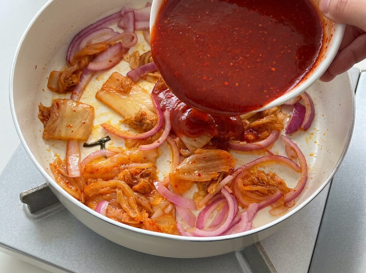 Salsa rossa brillante versata da una ciotola bianca su un mix di cipolle e kimchi in una padella.