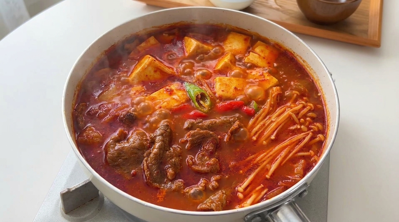 Zuppa Coreana Piccante di Manzo, Tofu e Kimchi
