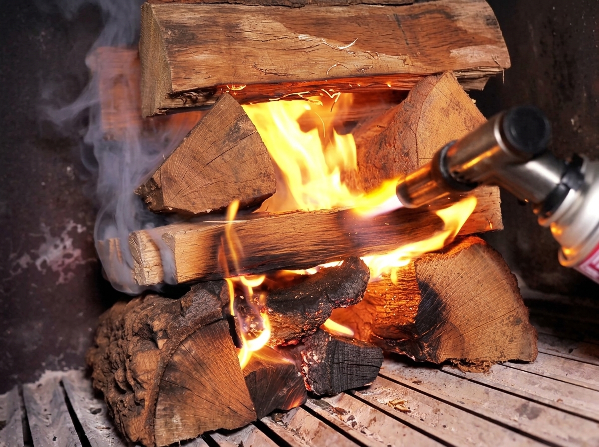 Un cannello che accende una catasta di legna allinterno del braciere di un affumicatore da barbecue.