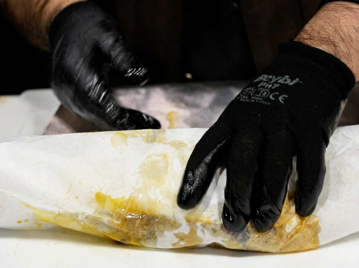 Mani con guanti che avvolgono strettamente la carta da macellaio attorno a un pezzo di carne marinata.
