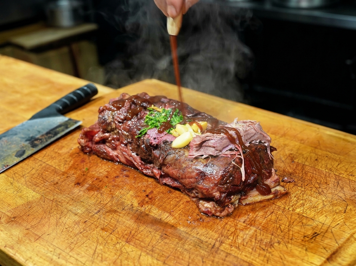 Un brisket di manzo affumicato condito con aglio arrosto e erbe verdi, cosparso con una salsa scura.