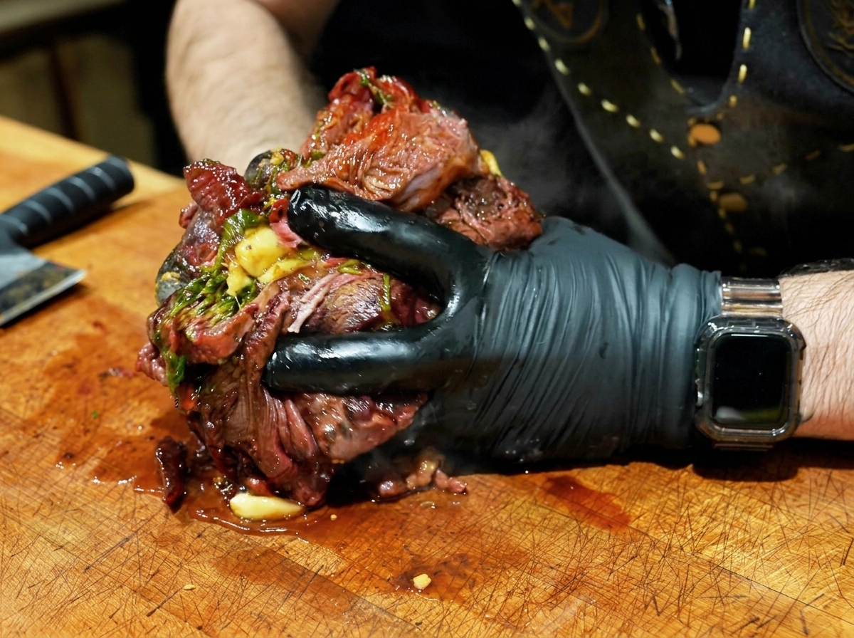 Mani con guanti che premono e sfilacciano un brisket di manzo tenerissimo mescolato con aglio ed erbe su un tagliere.