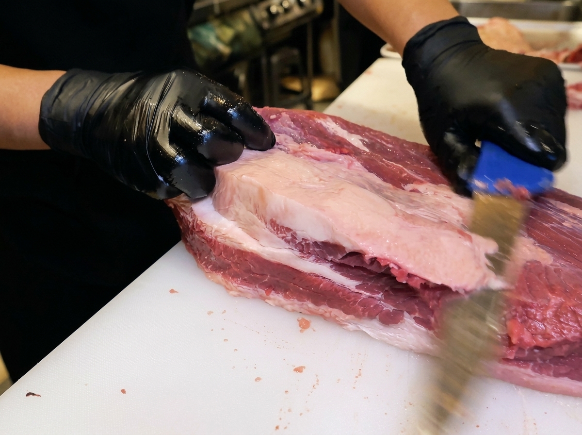 Mani con guanti che usano un coltello per rimuovere uno strato di grasso da un grosso pezzo di manzo crudo.
