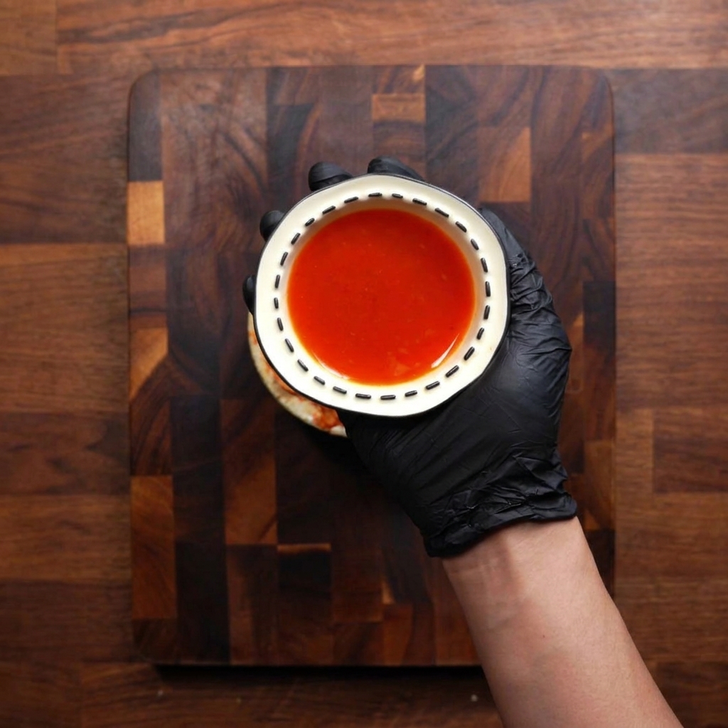 Una mano con un guanto nero tiene una ciotolina bianca piena di succo di kimchi opaco e rosso vivo su uno sfondo di legno scuro.