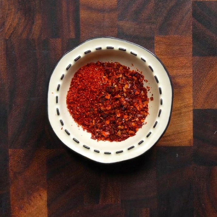 Una piccola ciotola bianca decorata piena di una miscela di peperoncino coreano rosso vivo in scaglie e in polvere.