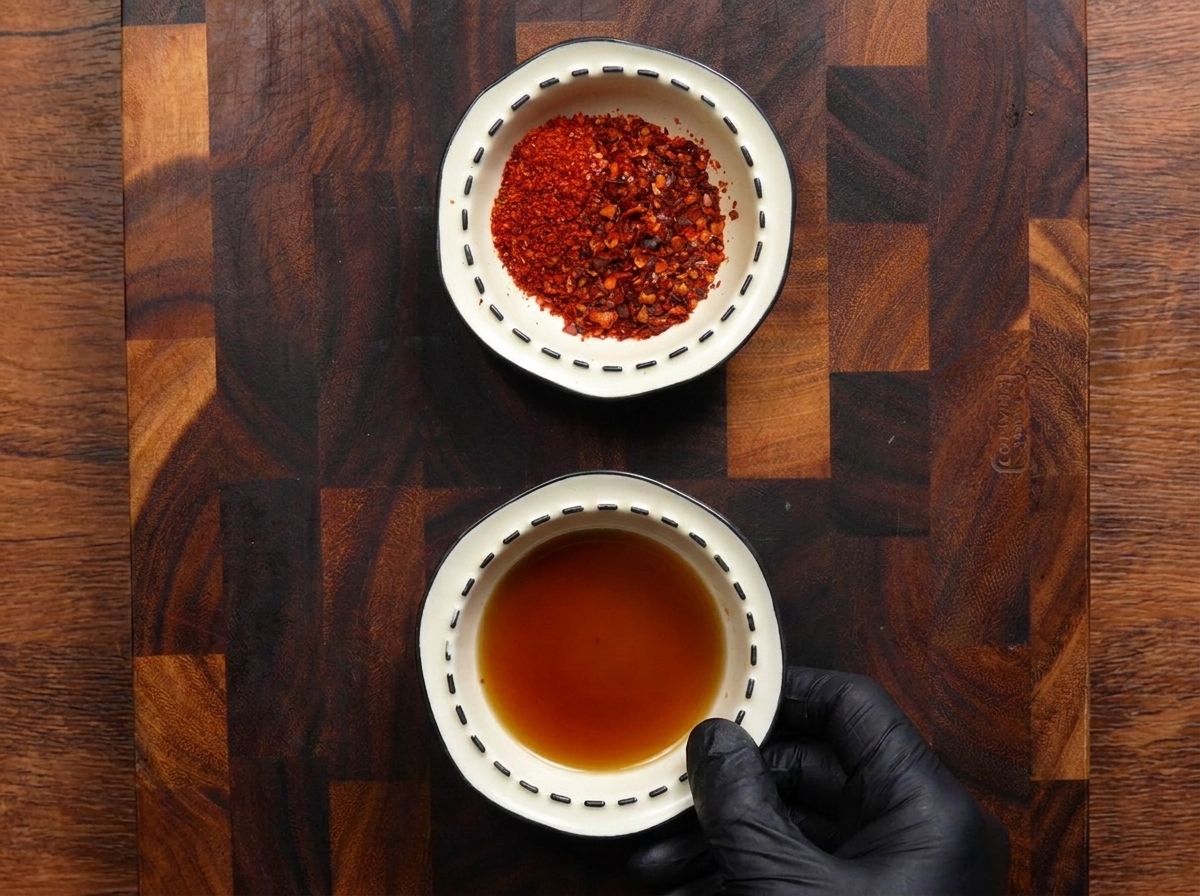Vista dallalto di due piccole ciotole su un tagliere di legno, una piena di scaglie e polvere di peperoncino rosso brillante e laltra con un liquido scuro e sapido.