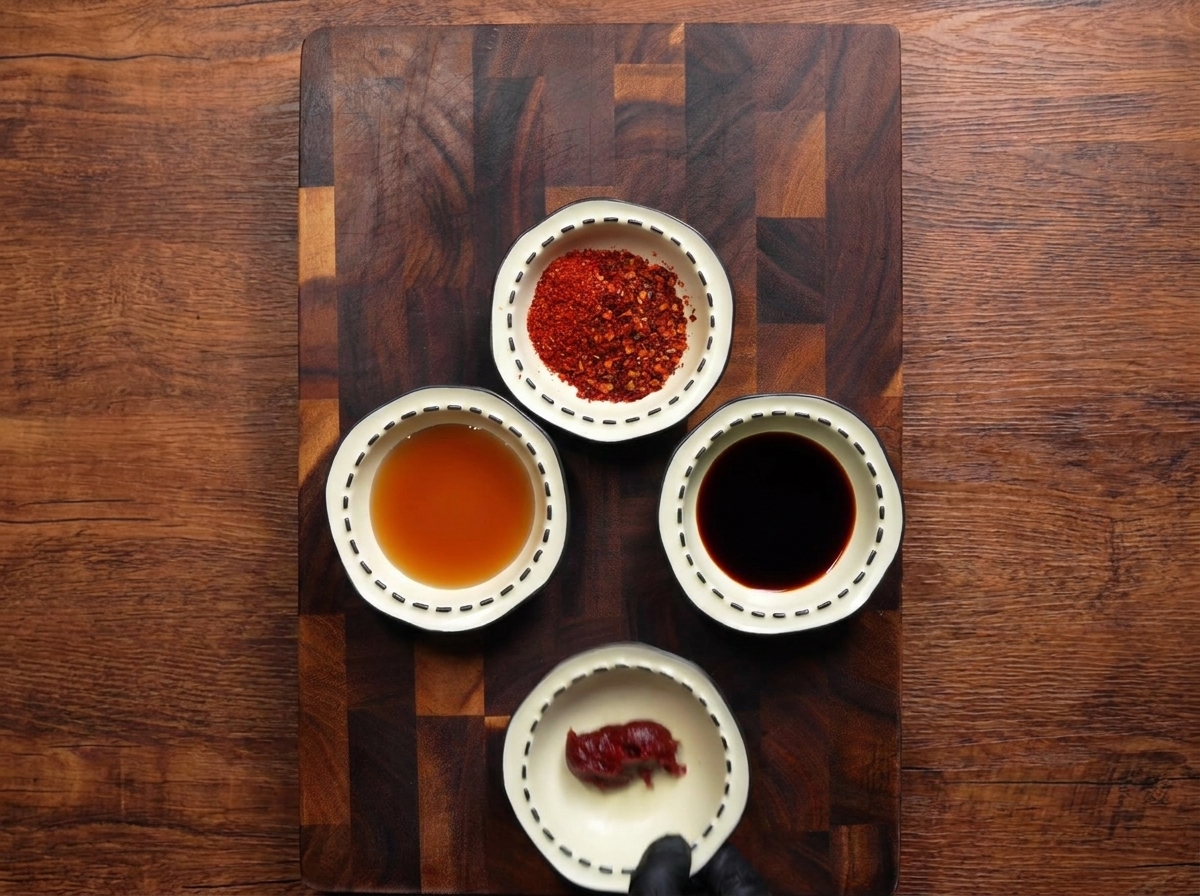 Vista dallalto di quattro piccole ciotole contenenti scaglie di peperoncino, salsa di soia chiara, salsa di pesce e una mano guantata che aggiunge una cucchiaiata di pasta rossa gochujang.