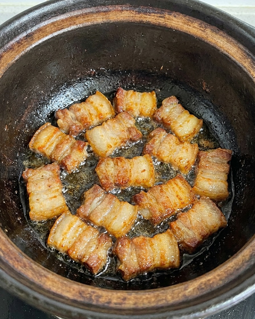 Fette di pancetta che sfrigolano e si dorano in una pentola di terracotta scura, bollendo nel loro stesso grasso.