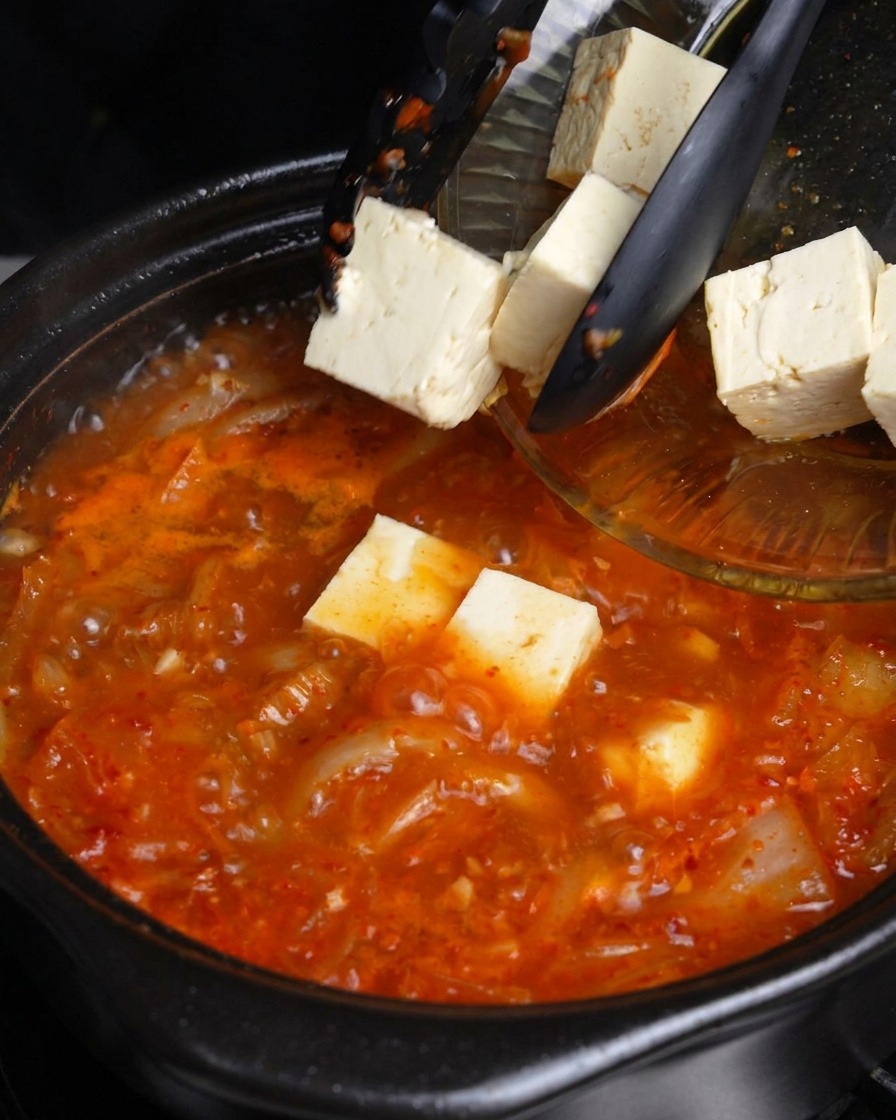 Far scivolare cubetti di tofu bianco fresco da una ciotola di vetro in una pentola bollente di zuppa di kimchi rossa.