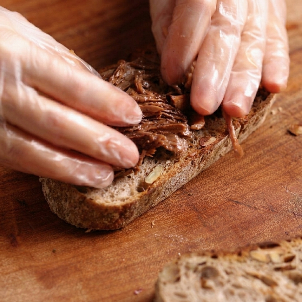 Mani che sistemano una generosa quantità di manzo sfilacciato su una fetta di pane tostato.