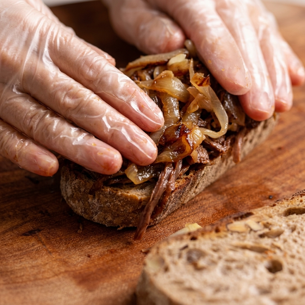 Cipolle caramellate disposte sopra il manzo sfilacciato su una fetta di pane.