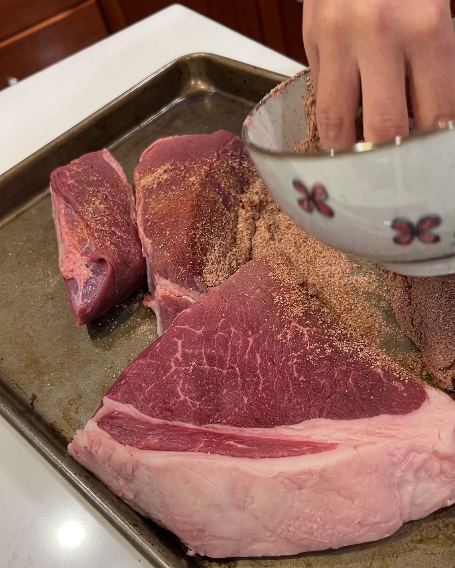 Una mano versa il rub di spezie da una ciotola sopra grossi pezzi di manzo crudo su una teglia metallica.