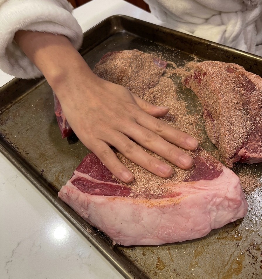 Una mano massaggia con decisione il mix di spezie sulla superficie dei pezzi di carne cruda.