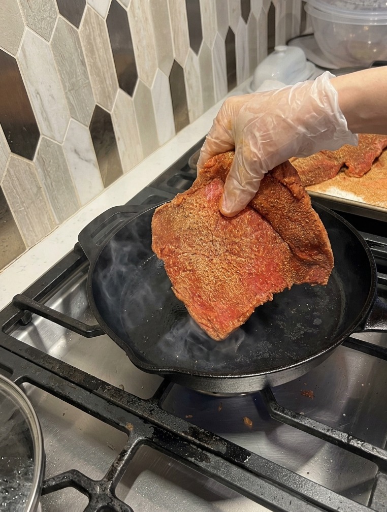 Una mano protetta da un guanto mette un pezzo di carne speziata in una padella di ghisa rovente.