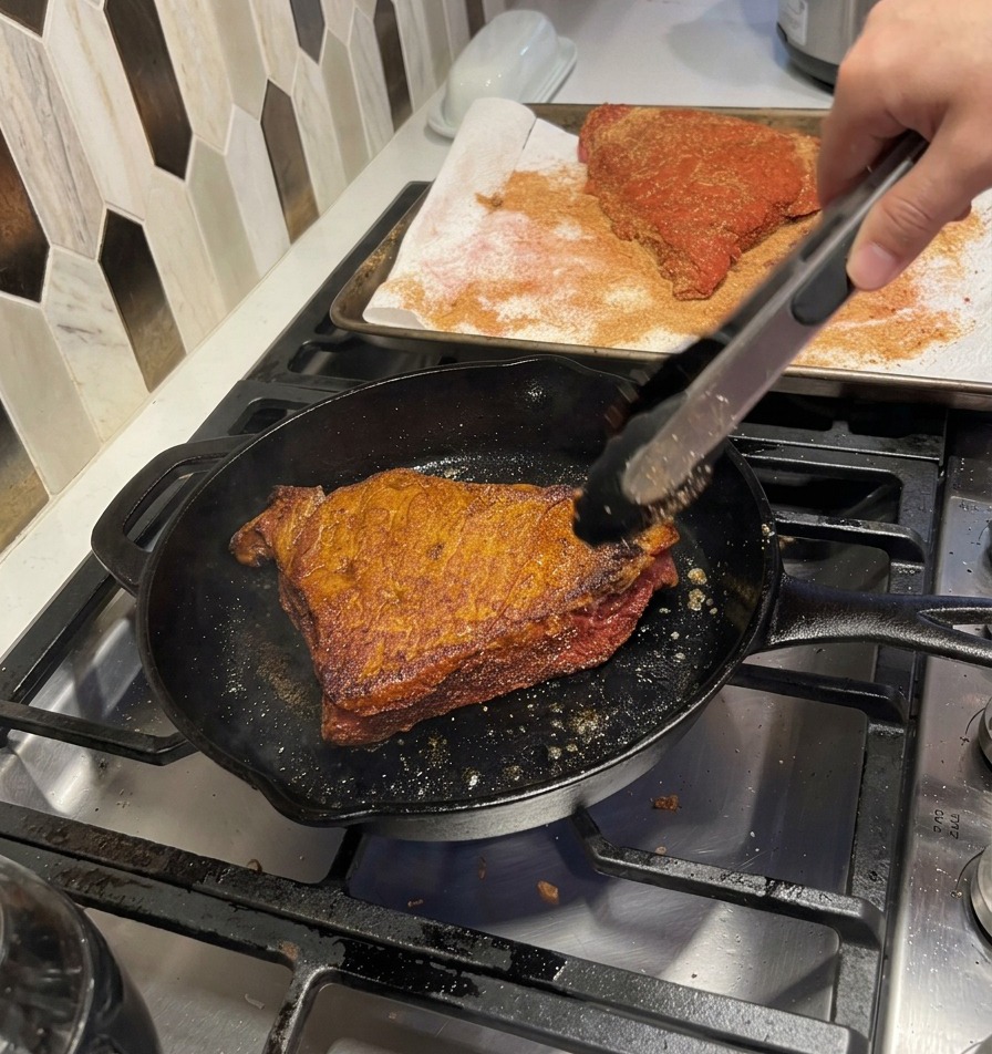 Diversi pezzi di manzo condito che rosolano uniformemente in una padella calda.