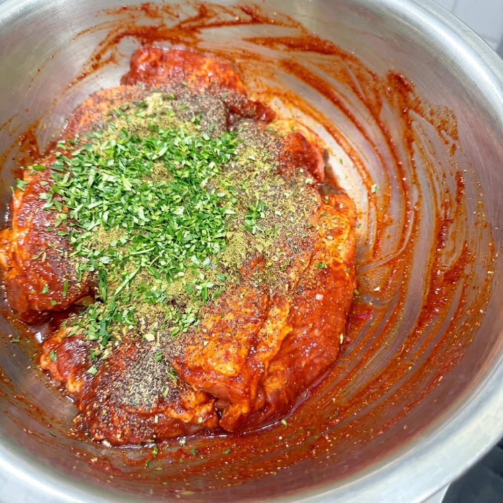 Maiale crudo in una ciotola di metallo ricoperto di paprika rossa, prezzemolo tritato e vari condimenti secchi.