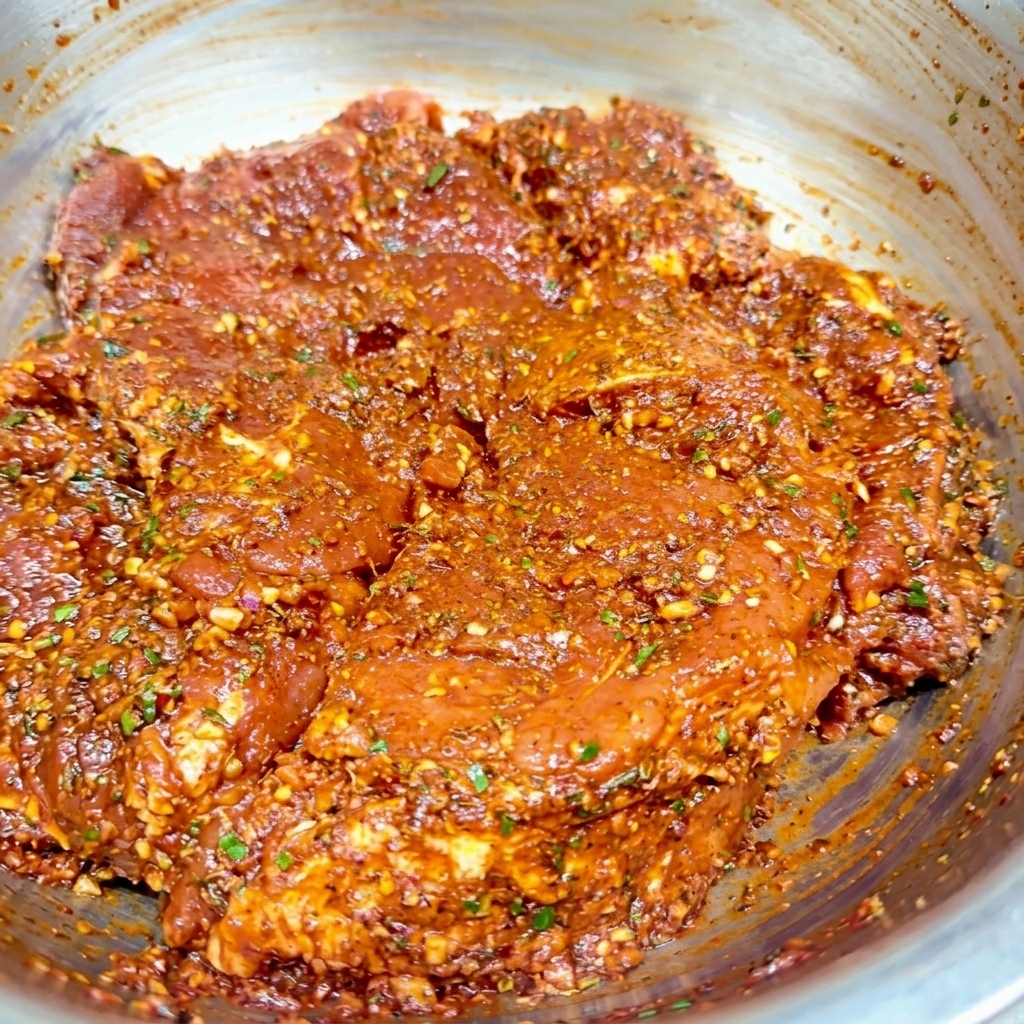 Pezzi di maiale completamente ricoperti da una fitta marinata rossa punteggiata di erbe allinterno di una ciotola.
