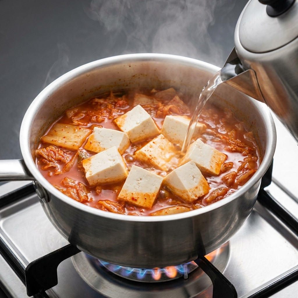 Acqua calda versata da un bollitore in metallo in una pentola con brodo rosso, kimchi e tofu.