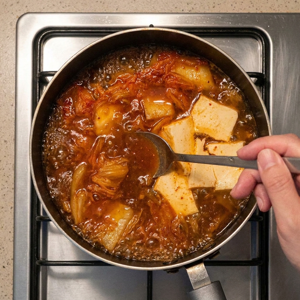 Un cucchiaio di metallo che mescola un brodo rosso bollente con pezzi di tofu e kimchi.