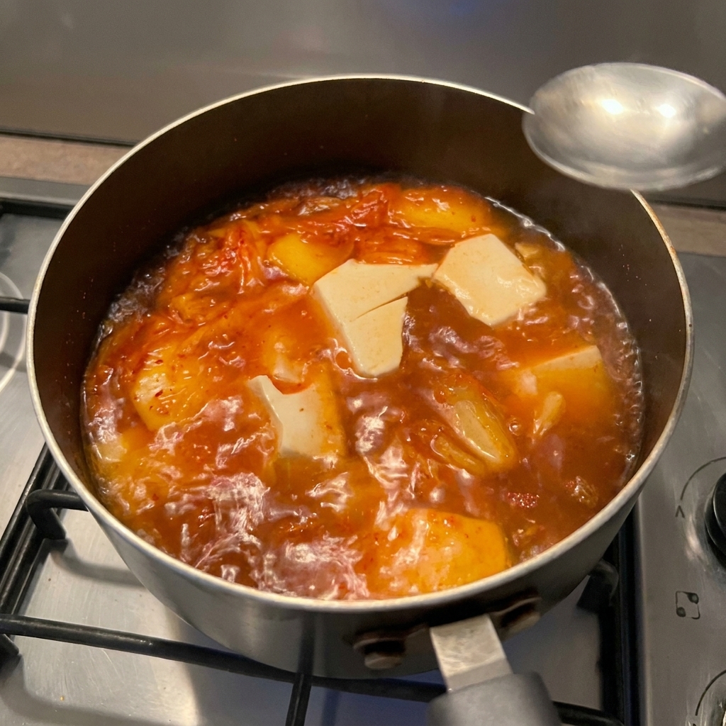 Un cucchiaio di metallo sopra una pentola di zuppa fumante che aggiunge condimento liquido.