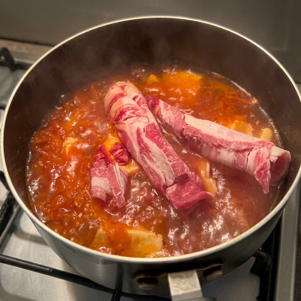 Sottili fettine di manzo crudo immerse in un brodo rosso con tofu e kimchi.