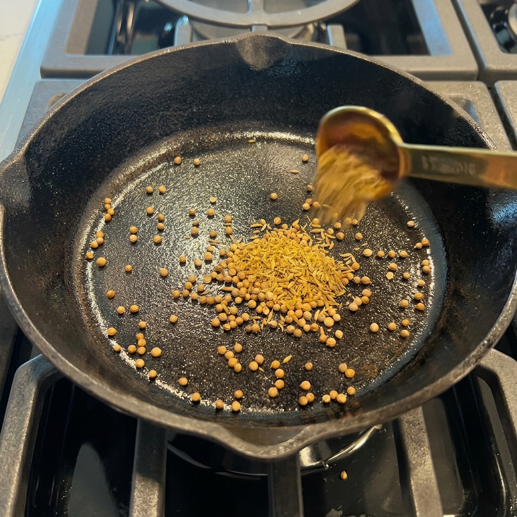 Semi di coriandolo, cumino e grani di pepe che vengono tostati in una padella di ghisa nera su un fornello a gas.