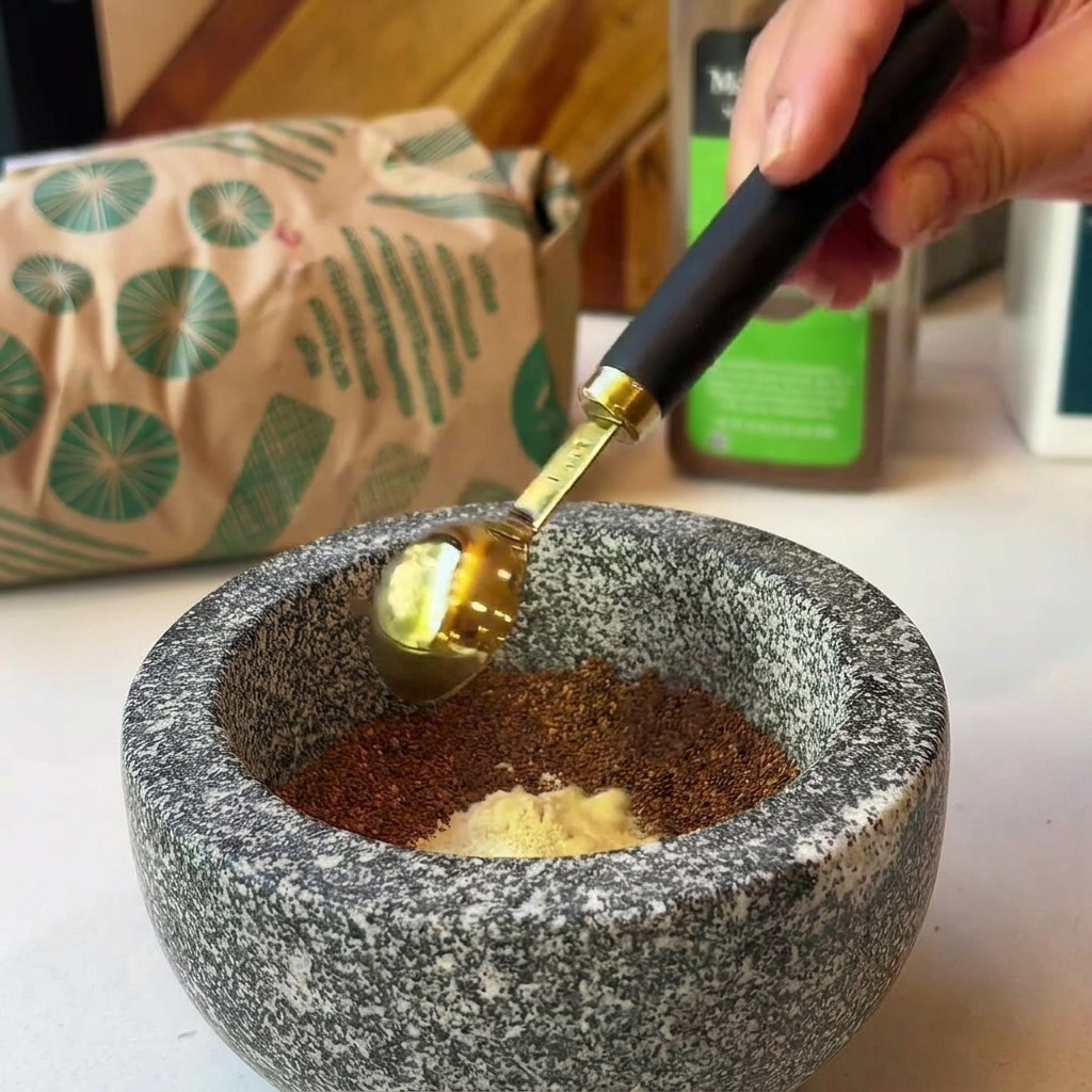 Un misurino dorato che aggiunge senape in polvere a un mix di spezie e zucchero di canna in un mortaio.