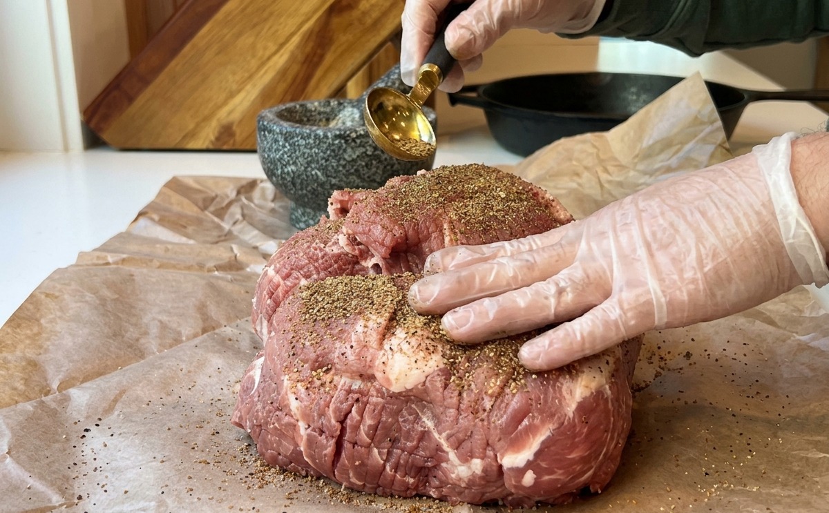 Mani guantate che massaggiano un mix di spezie rosso scuro su una grande spalla di maiale cruda appoggiata su carta forno.