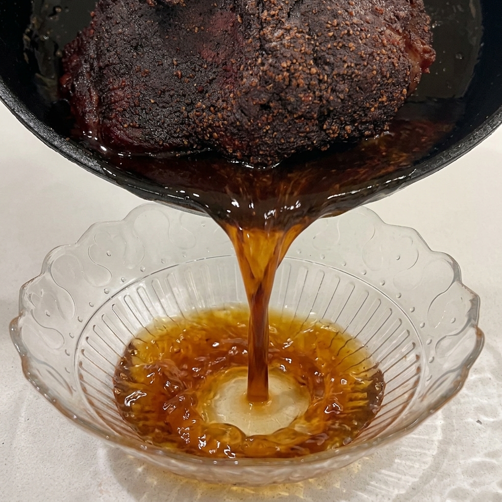 Succhi di cottura del maiale, densi e marroni, versati da una padella in una ciotola di vetro trasparente.