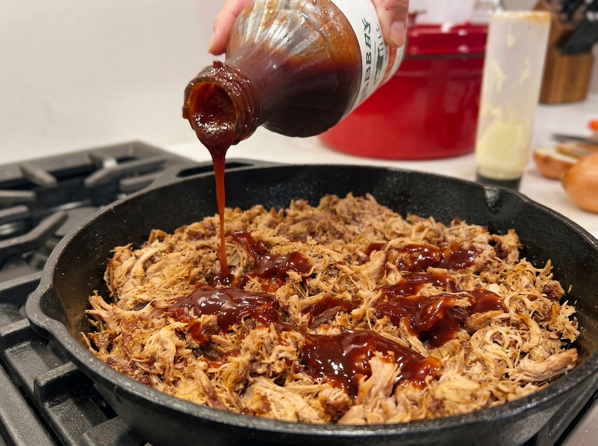 Salsa barbecue scura versata da una bottiglia su una teglia di maiale sfilacciato.