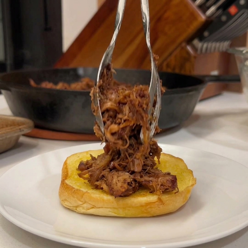 Pinze di metallo che adagiano una montagna di pulled pork BBQ su un panino imburrato e tostato.