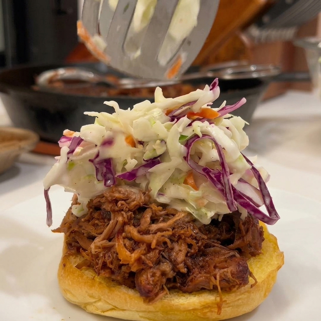 Un cucchiaio forato che adagia dellinsalata coleslaw cremosa e colorata su un panino al pulled pork.
