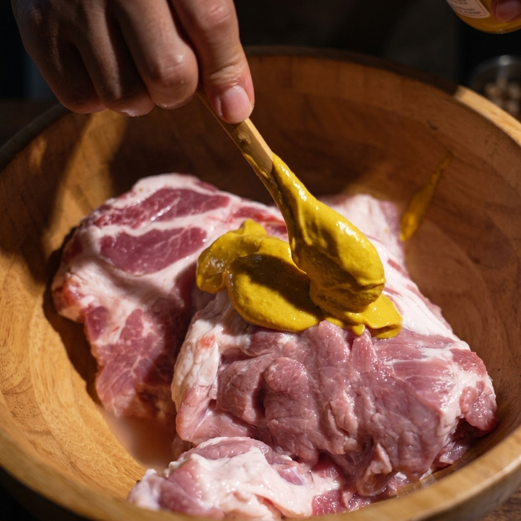 Una spatola in legno spalma senape gialla su pezzi di collo di maiale in una ciotola di legno.