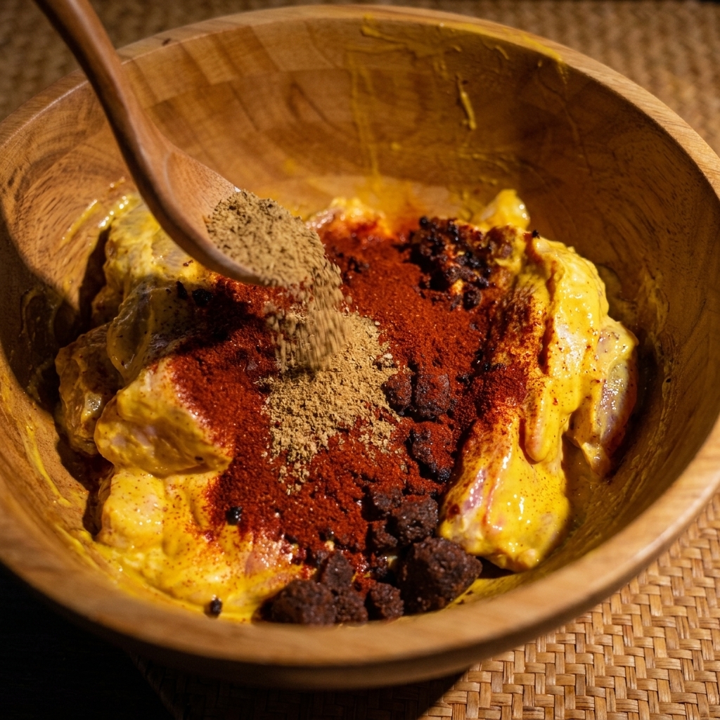 Un cucchiaio aggiunge spezie come paprika, cumino e zucchero di canna al maiale ricoperto di senape.