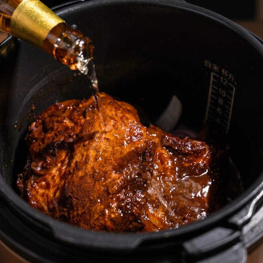 Versare una birra chiara nella pentola a pressione con maiale e cipolle.