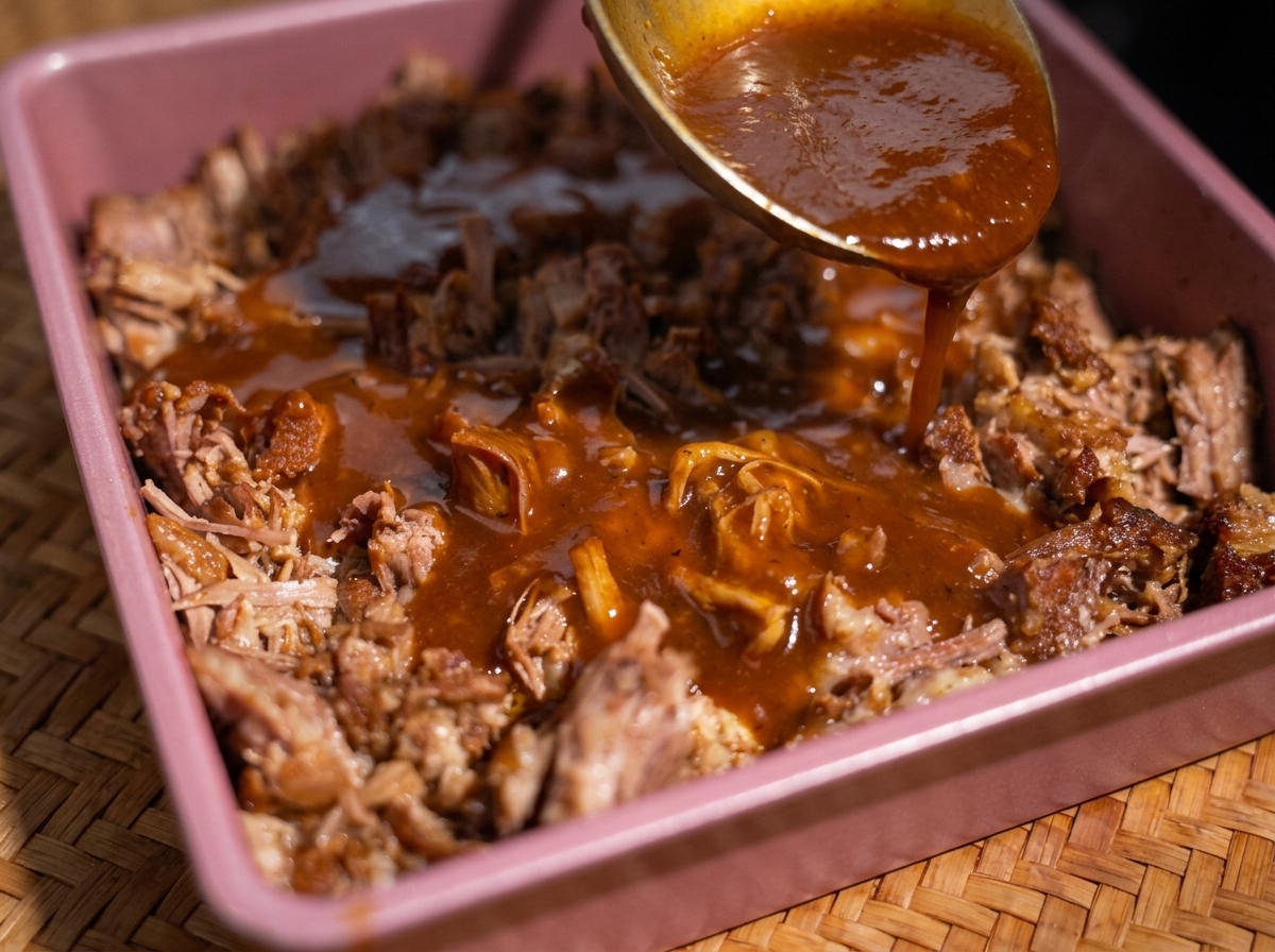 Un mestolo versa una salsa densa e scura sul pulled pork sfilacciato.
