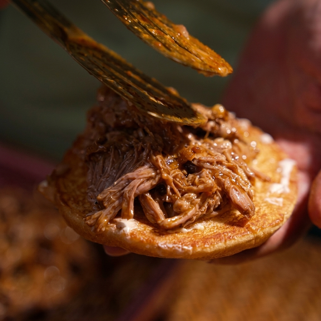 Pinze che mettono una generosa porzione di pulled pork sulla base tostata di un panino.