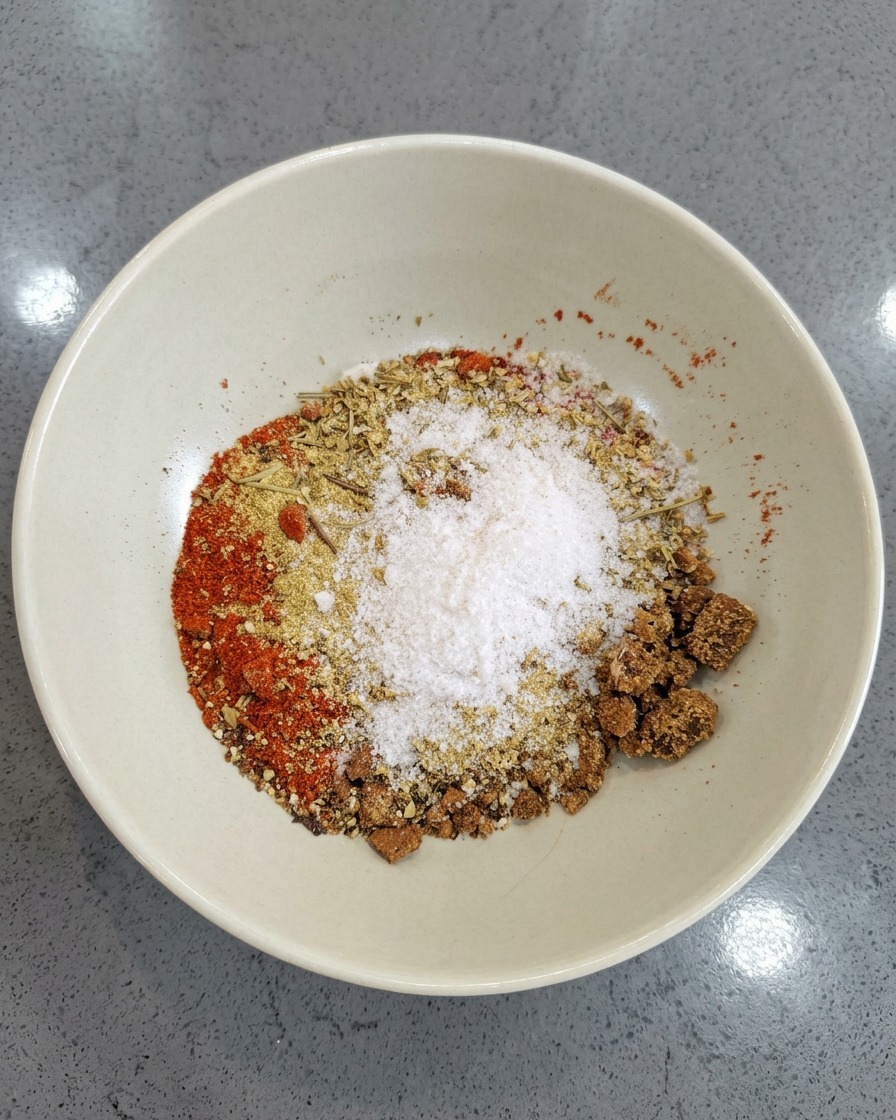 Una ciotola bianca con un mix colorato di spezie, sale e zucchero di canna pronto per essere mescolato.