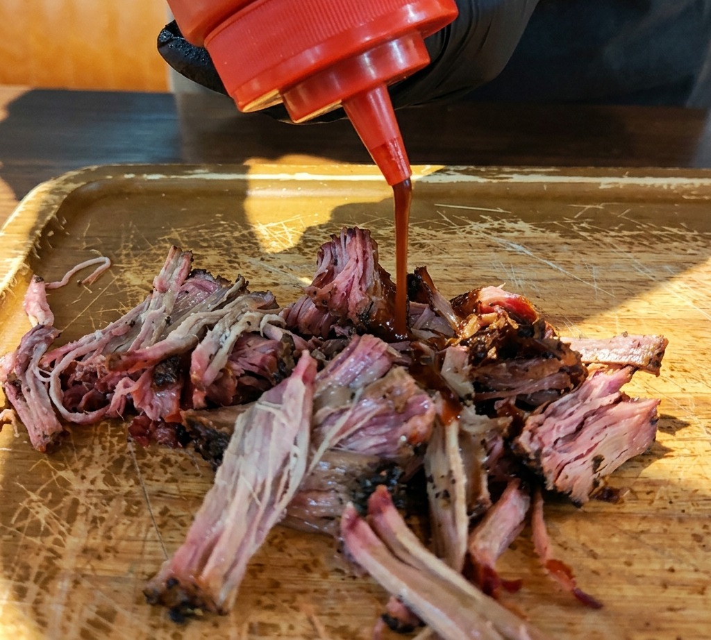 Bottiglietta che versa salsa BBQ scura su un mucchietto di maiale sfilacciato.