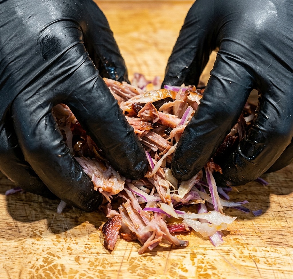 Mani che mescolano accuratamente carne, cavolo e salse direttamente sul tagliere.