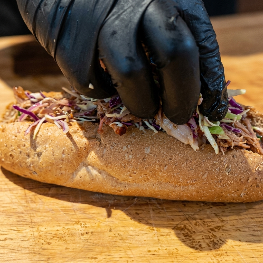 Mani che farciscono una baguette con il ricco mix di pulled pork e coleslaw colorata.