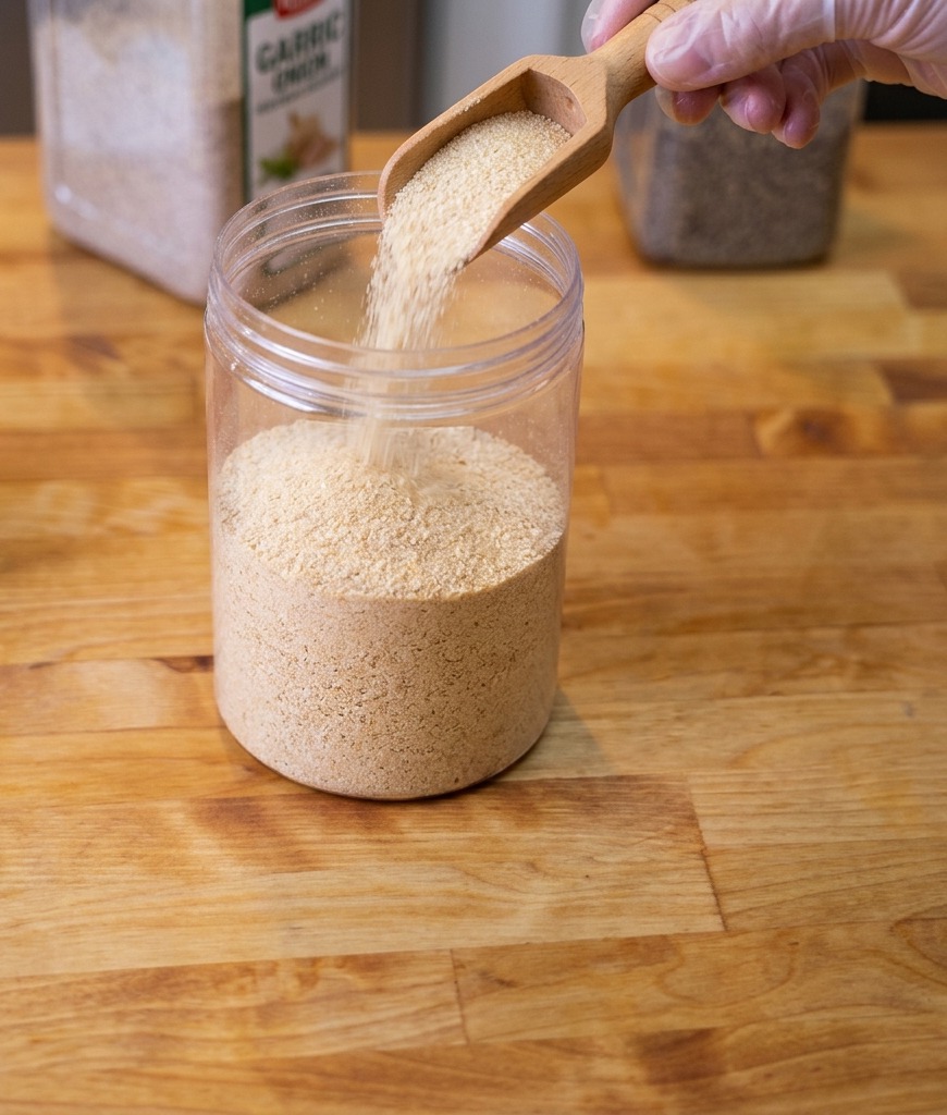 Versare una polvere di spezie chiara da un misurino di legno in un contenitore che contiene già strati di ingredienti per il rub.