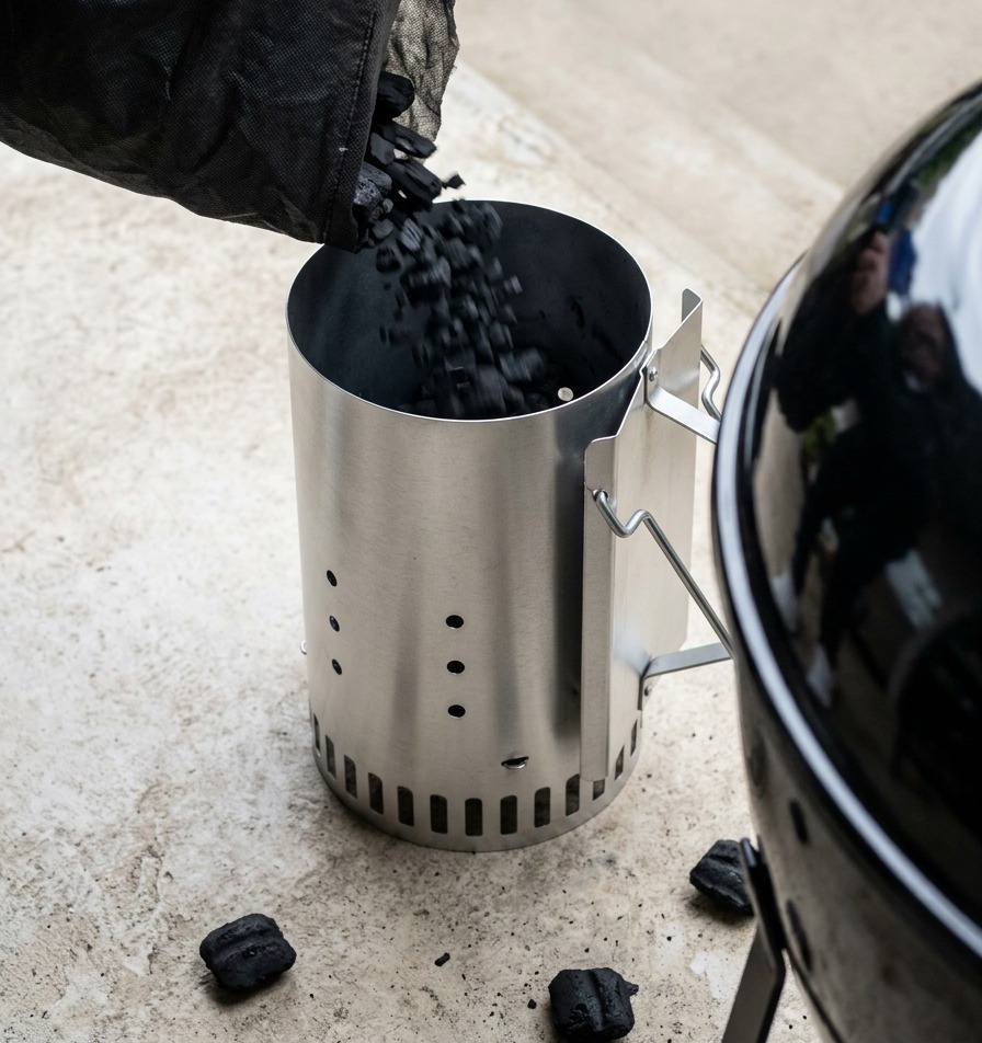 Bricchetti di carbone che cadono da un sacchetto di carta in una ciminiera di accensione in acciaio accanto a un barbecue a carbonella.