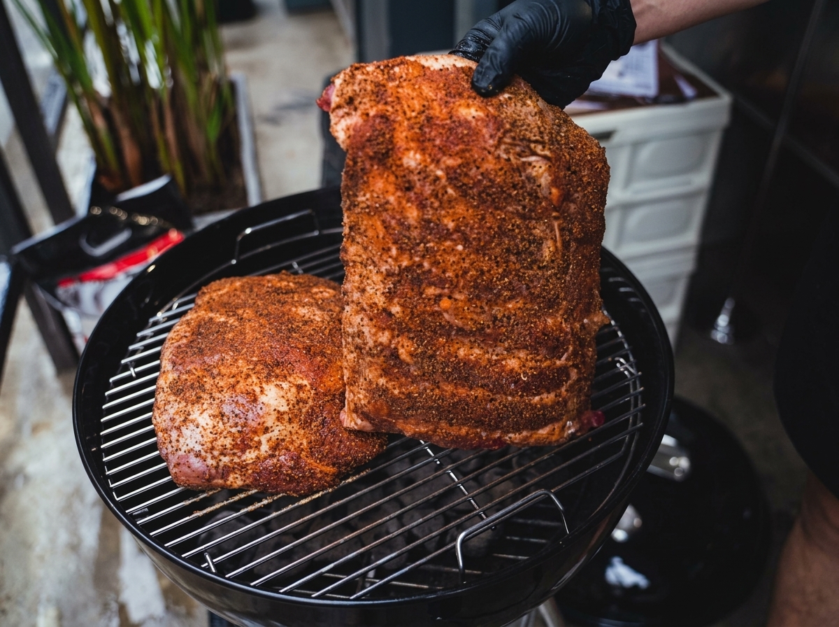 Mani guantate che posizionano la spalla di maiale e le costine condite sulla griglia metallica di un barbecue a carbonella.