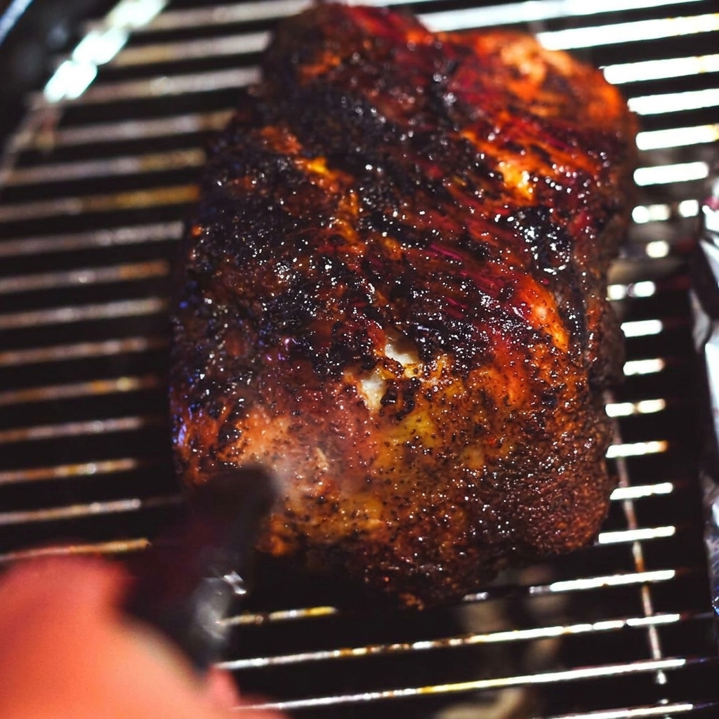Una spalla di maiale scura e con una crosta spessa che viene spruzzata con un liquido trasparente da una bottiglia spray sul grill.