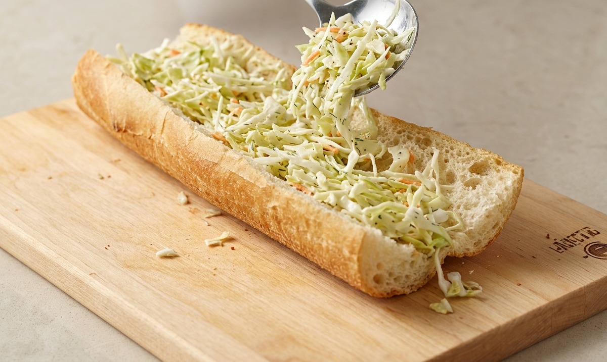 Una persona che usa un cucchiaio di metallo per spalmare della coleslaw cremosa allinterno di un panino lungo appena tagliato.