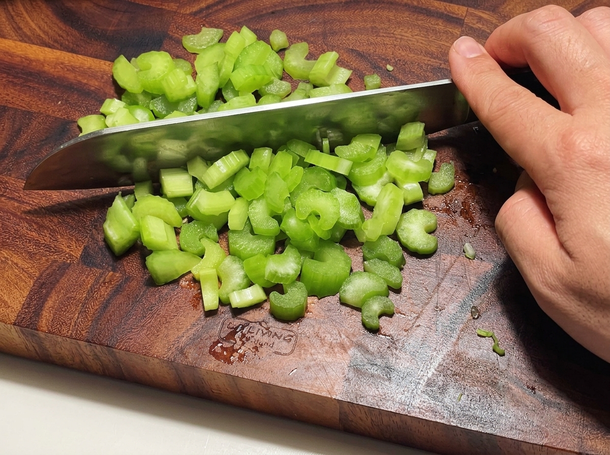 Mano che tiene un coltello da chef tagliando gambi di sedano fresco a cubetti uniformi su un tagliere.